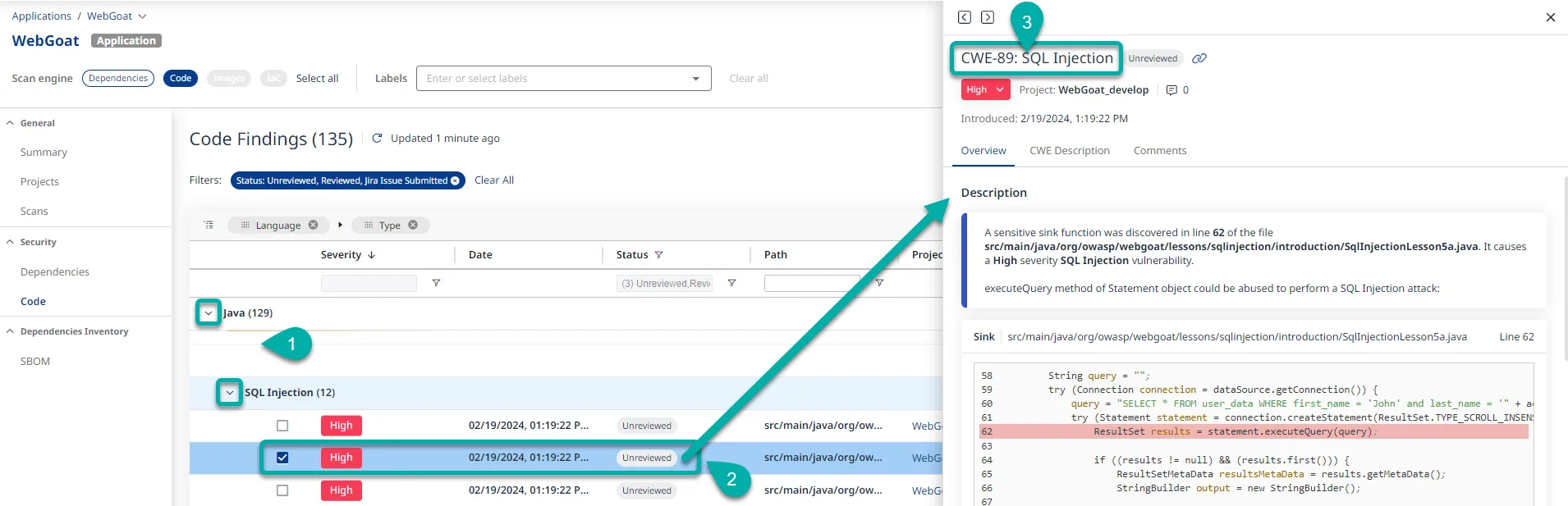 Mend SAST finding details view with code findings list and CWE details panel