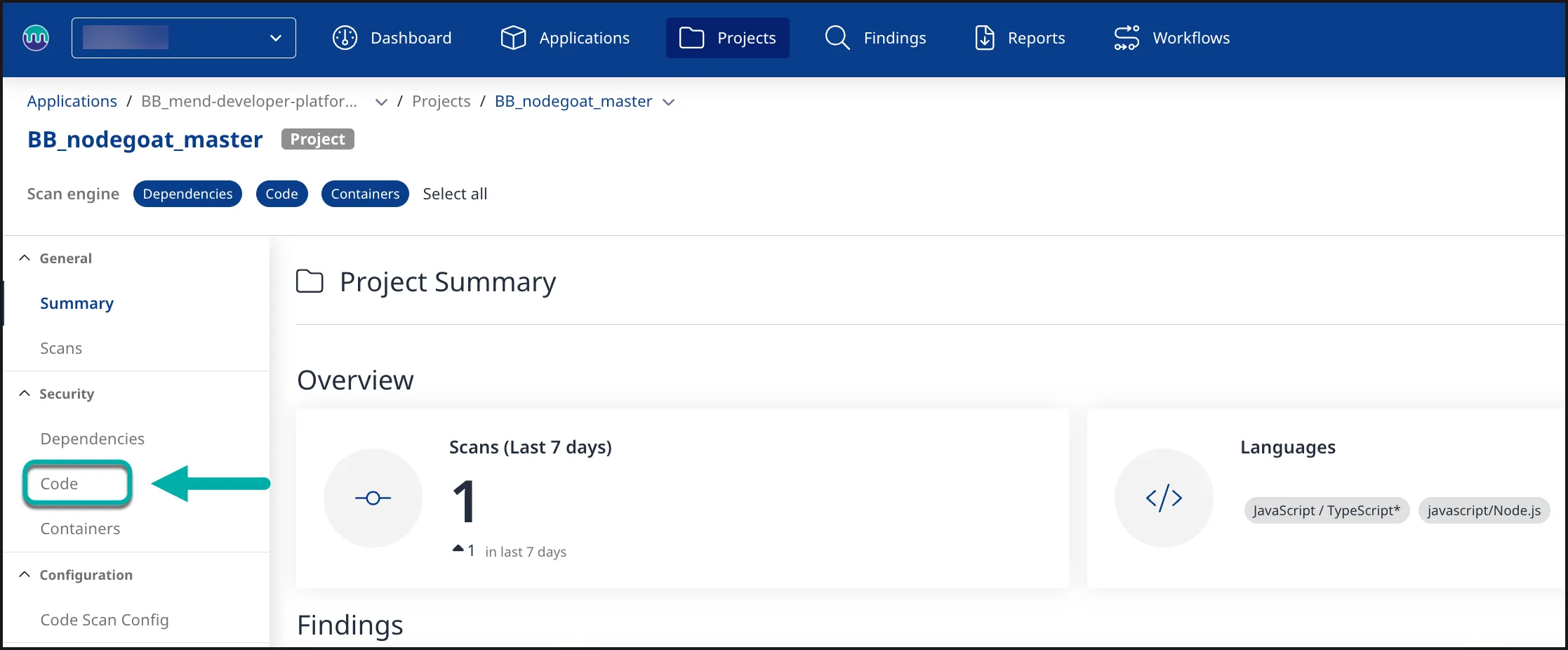 Mend SAST project summary showing scan overview with language detection and findings count