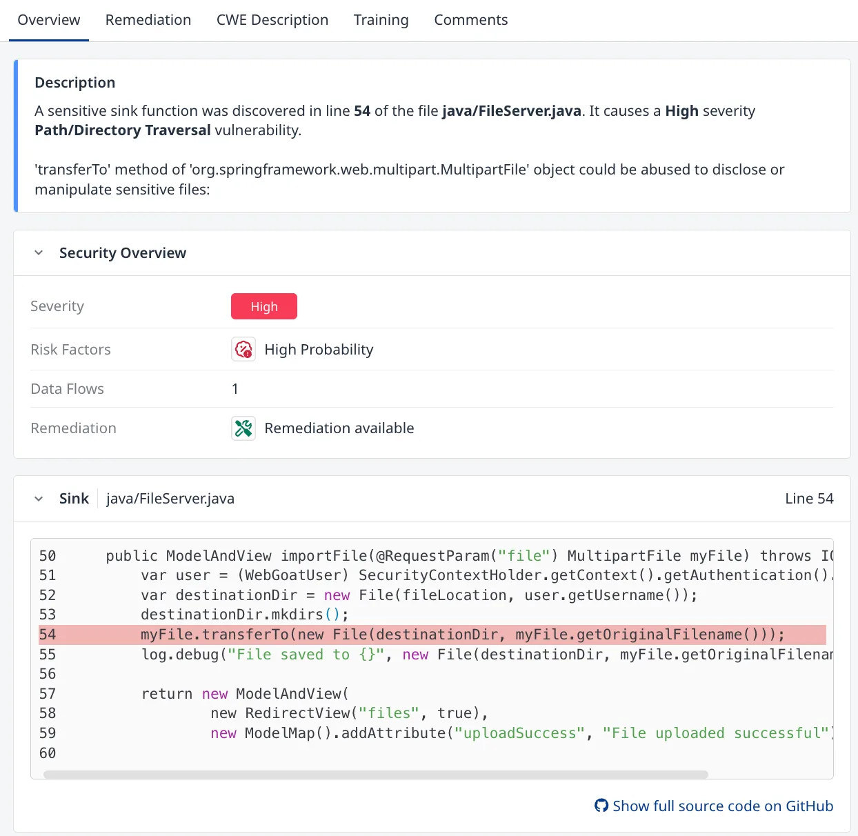 Mend SAST risk factors view showing security overview with severity, data flows, and source code