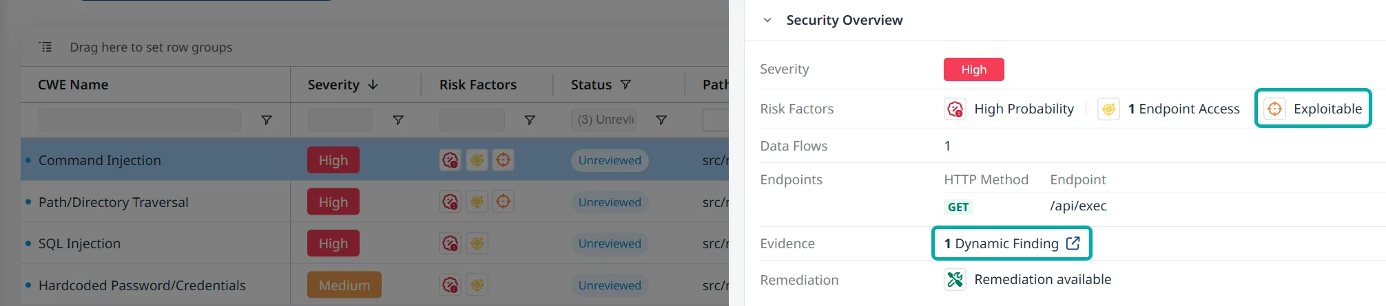 Mend SAST and DAST correlation view showing exploitable finding with dynamic evidence