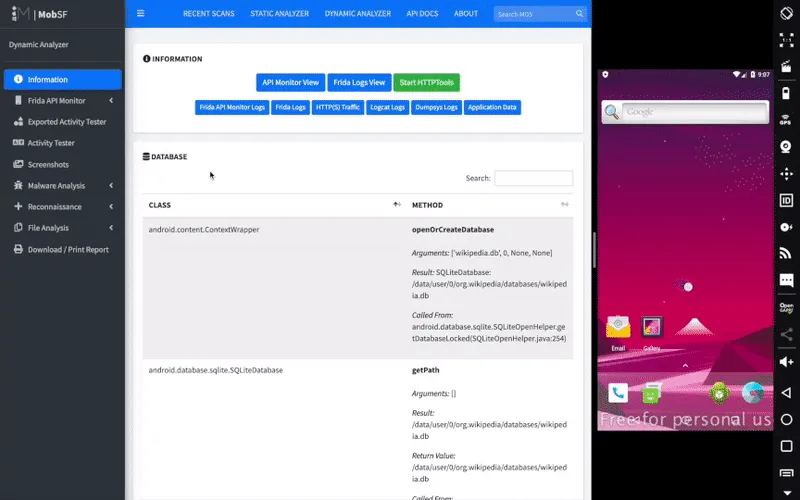 MobSF REST API viewer showing available endpoints for automation