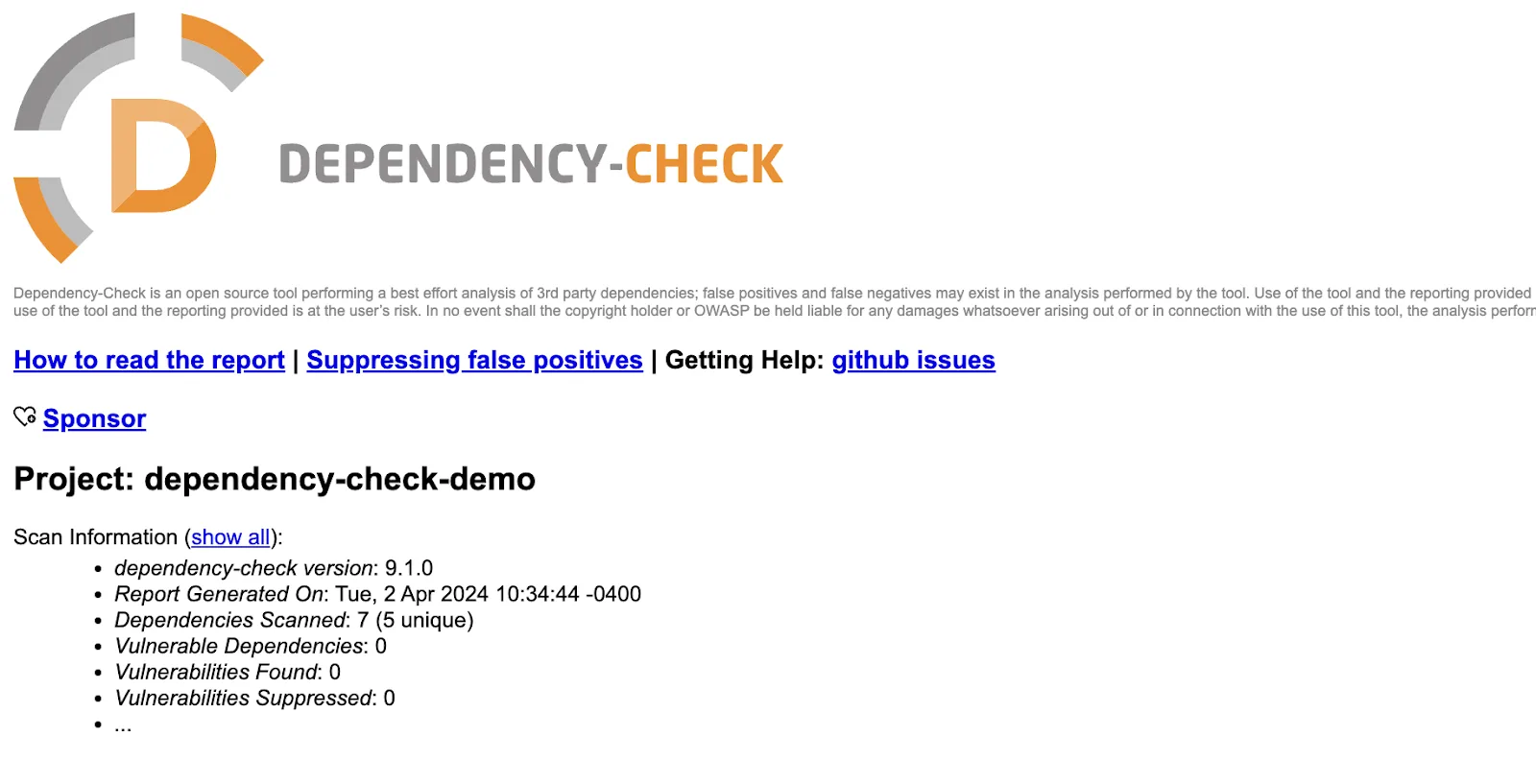 OWASP Dependency-Check HTML report showing vulnerability overview with severity breakdown
