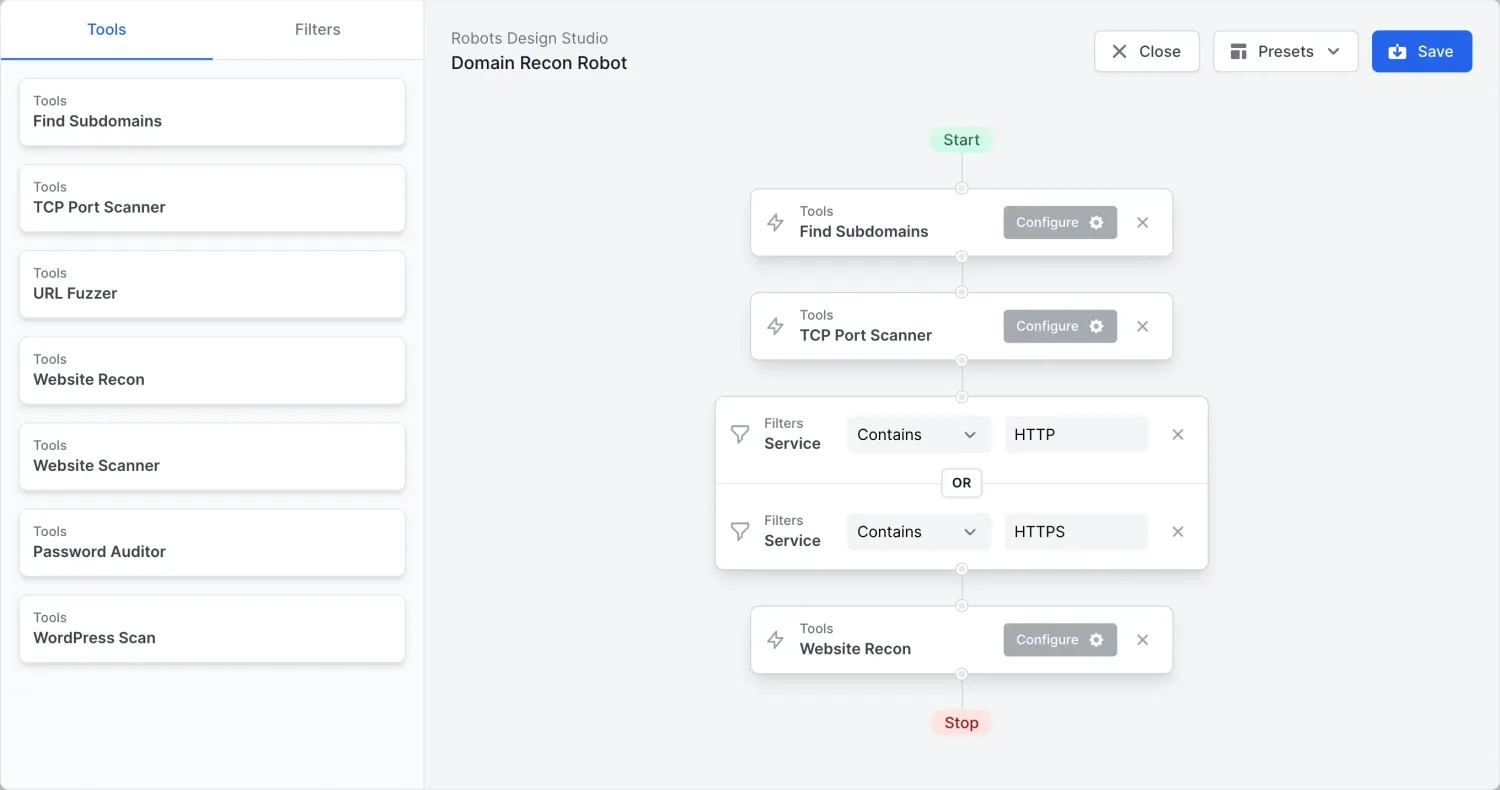 Pentest-Tools.com Pentest Robots automation interface showing chained tool workflow configuration