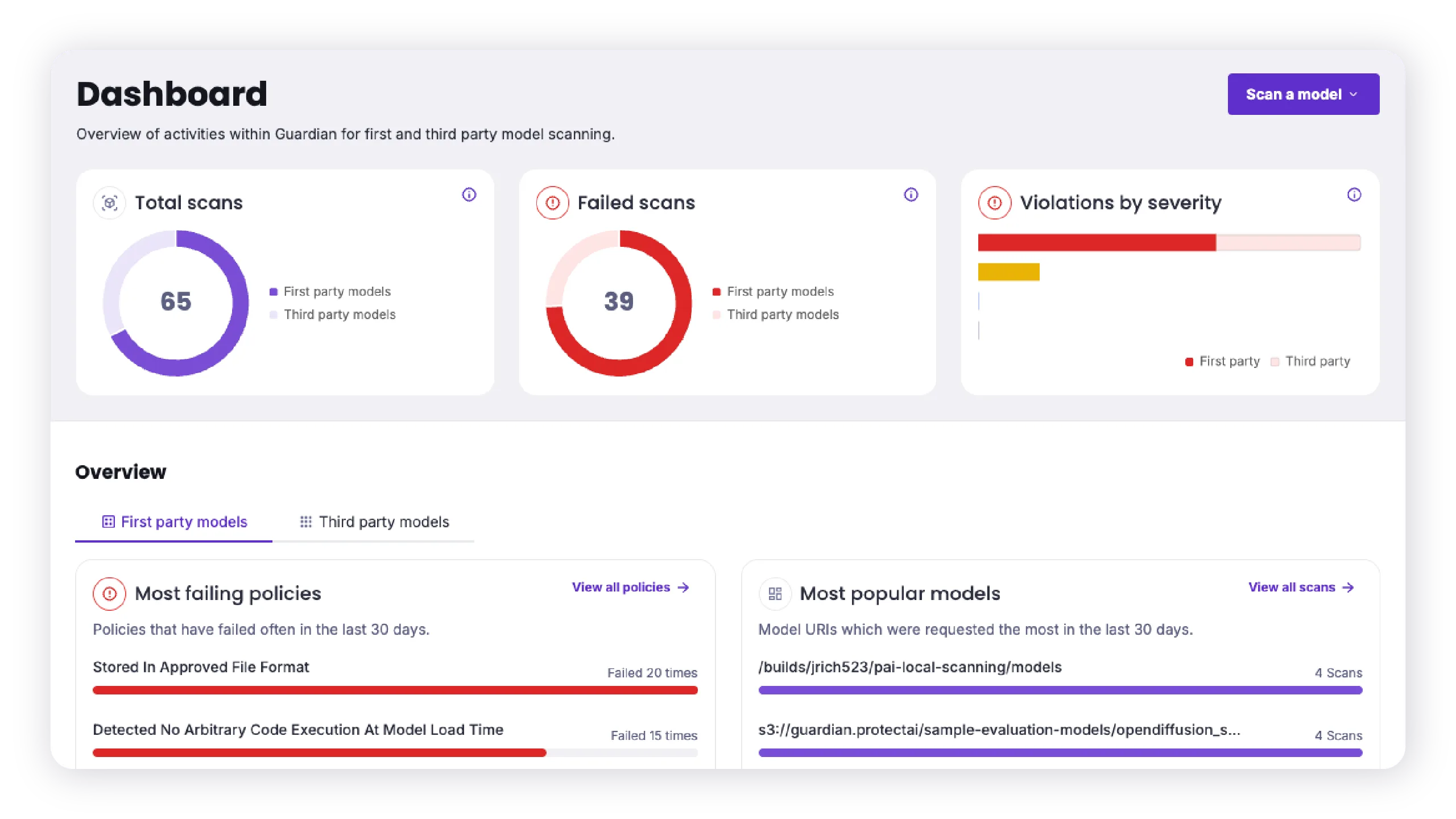 Protect AI Guardian platform hero showing model security scanning interface