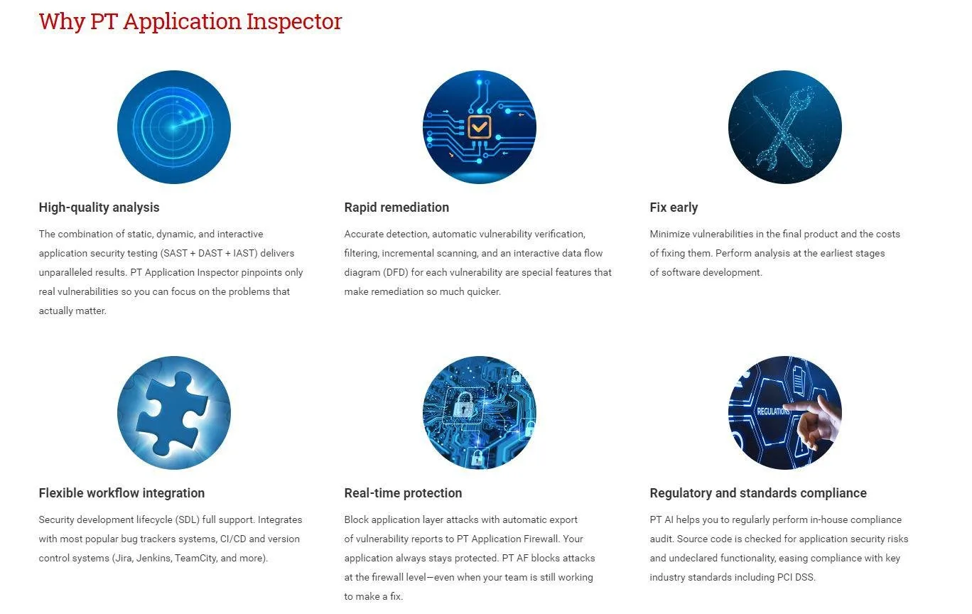 PT Application Inspector scan results with vulnerability details and remediation guidance