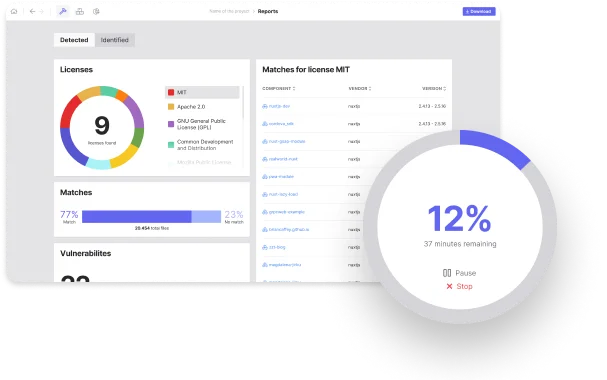 SCANOSS scan results showing detected open-source components with match percentage and license information