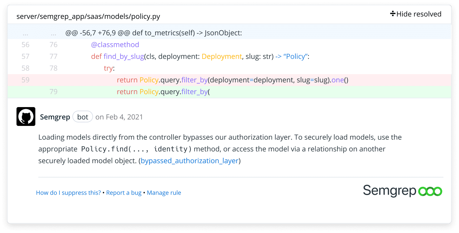 Semgrep bot posting a security finding as a GitHub pull request comment with code diff and remediation guidance