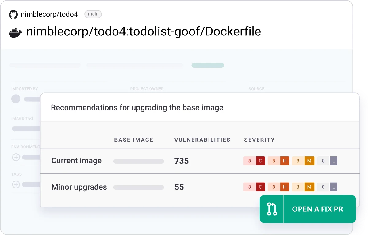Snyk Container base image upgrade recommendations showing vulnerability count comparisons