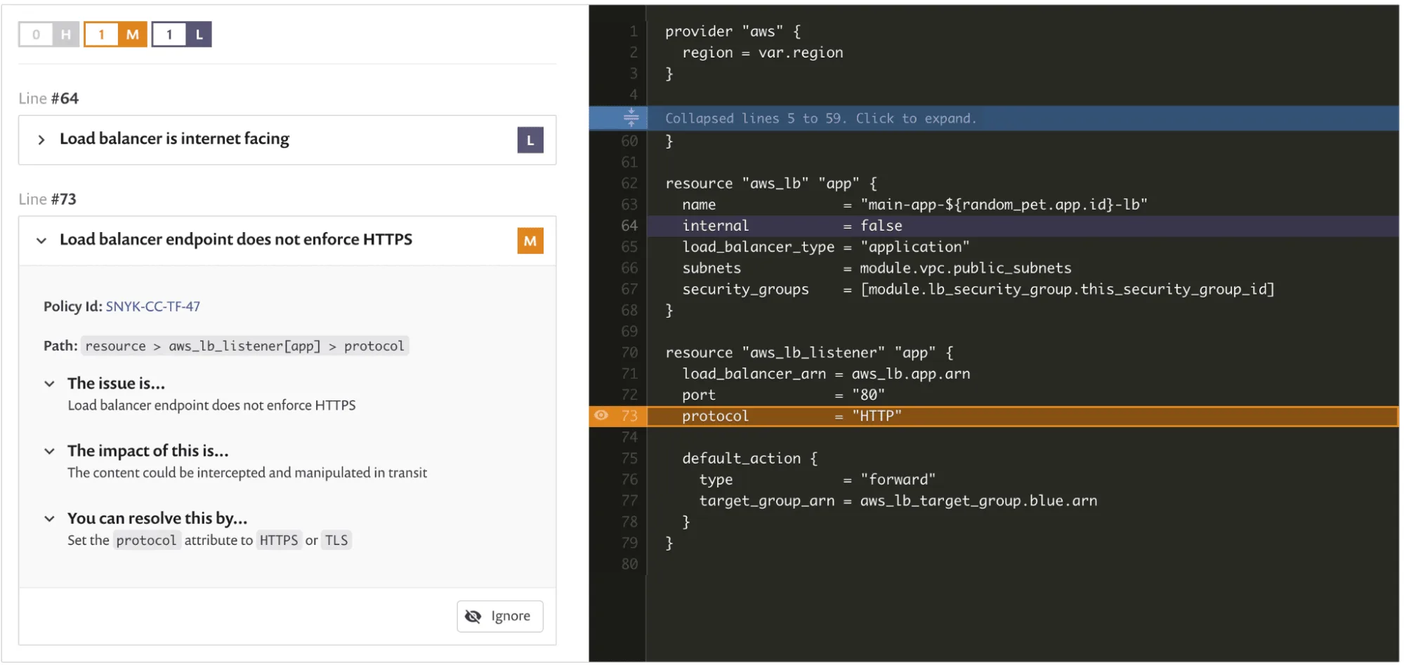 Snyk IaC remediation advice showing detailed fix suggestions for Terraform issues