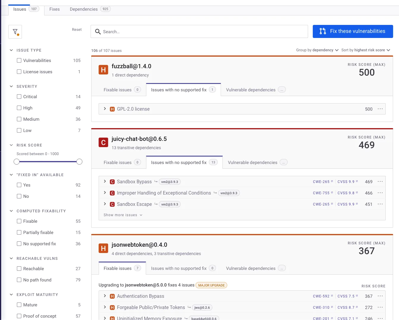 Snyk Open Source vulnerability details showing dependency tree, severity, and fix options