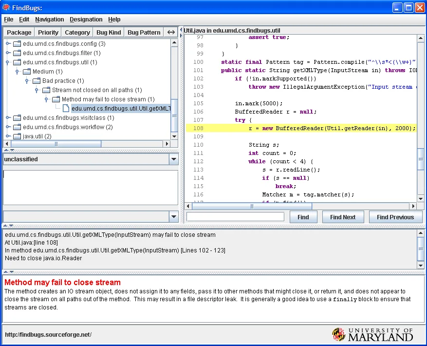 SpotBugs GUI showing detected bugs with source code viewer and details panel