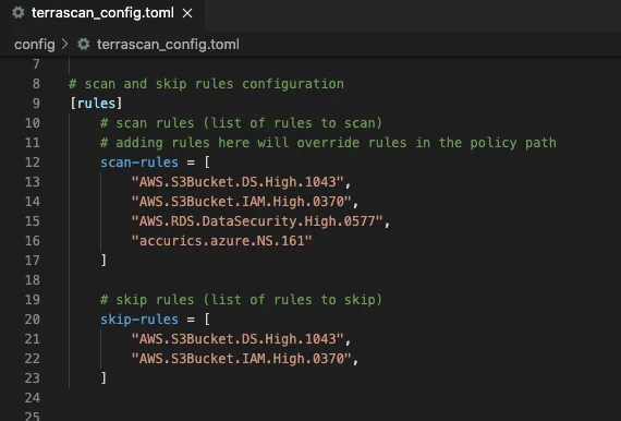 Terrascan configuration file showing rule skipping and notification settings