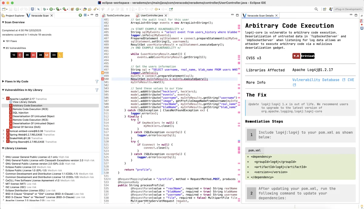 Veracode SCA vulnerability details showing dependency path and remediation guidance