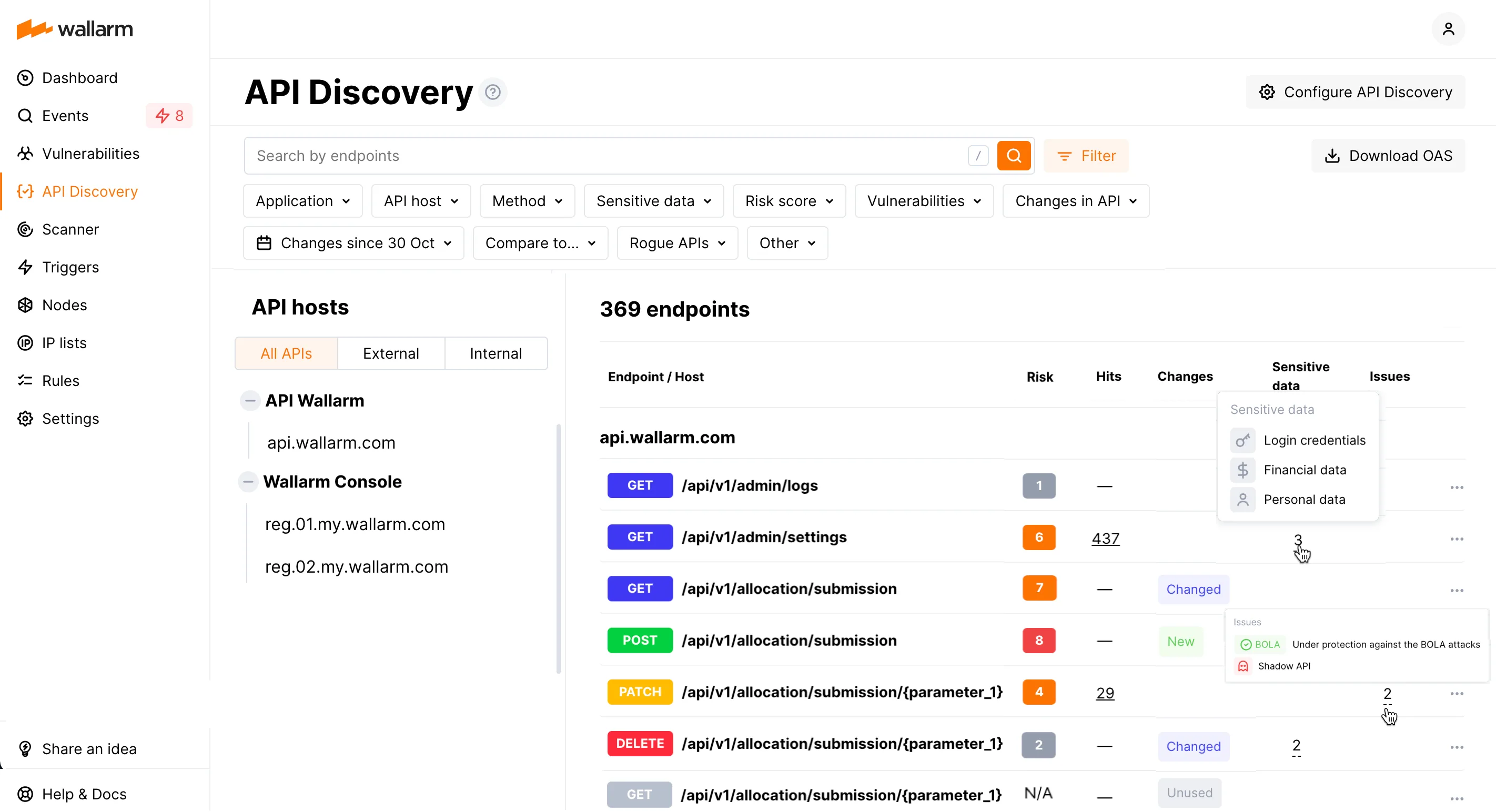 Wallarm API Discovery showing discovered endpoints with methods and risk scores